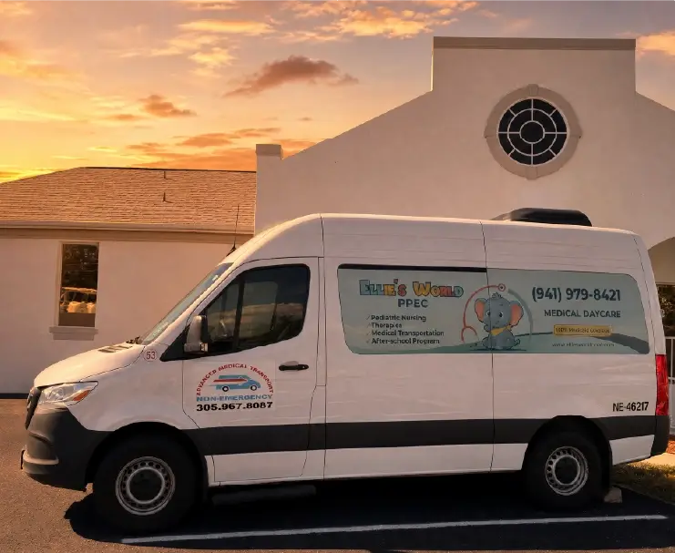 The medical transportation van parked outside the center at Ellie's World PPEC in Port Charlotte, Florida